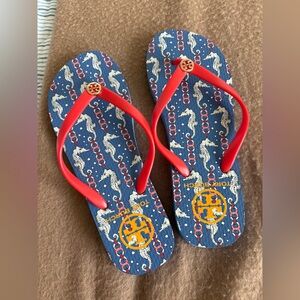 Tory Burch Blue and Red Seahorse beach and pool Flip Flops